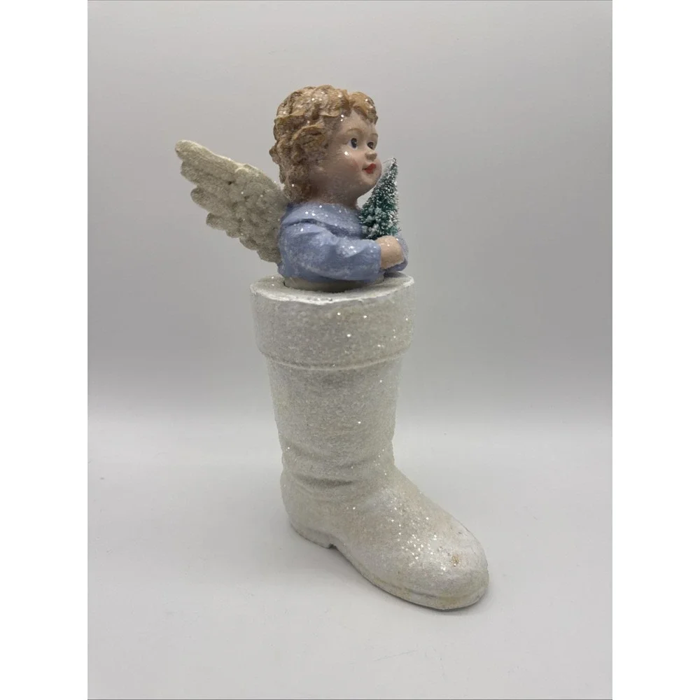 Glitter Angel in‎ Boot Figurine Vintage Shimmery Christmas Holiday Decor